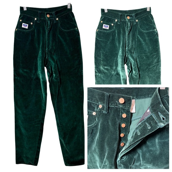 Vintage Claudio Angelli Dark Green Velvet Pants Womens 28/5 High Rise Button Fly - Picture 1 of 14